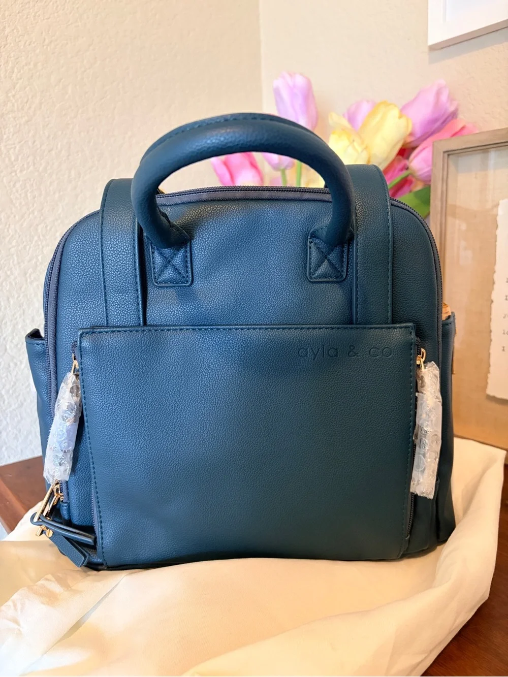 New Ayla & Co Mini Bag Peacock Vegan Leather Convertible Diaper Bag + Dust Bag